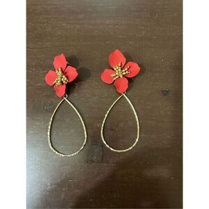Red Floral Gold Hoop Earrings